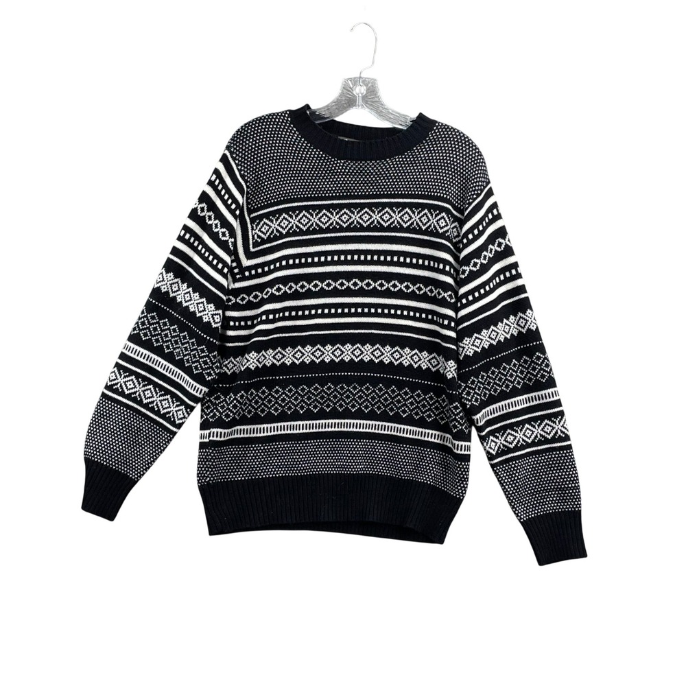 Eddie Bauer‎ Sweater Mens Large Black White Fair Isle Knit Crewneck